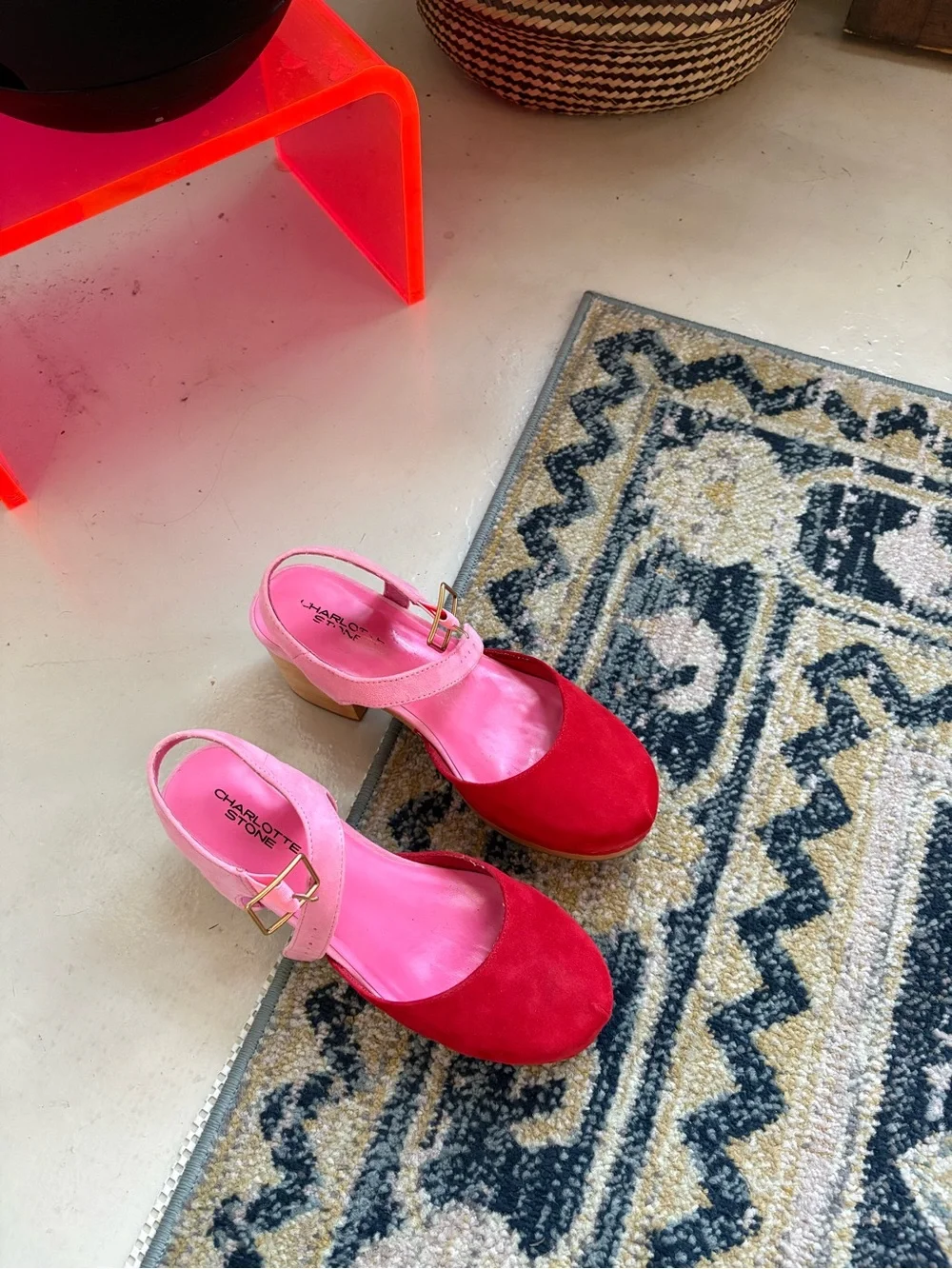 Pink & Red Suede Platform Sandals by Charlotte Stone